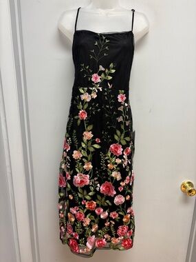 Lulus Black Floral Embroidered Midi Dress | Floral Mesh | Side Slit | NWT | XXL